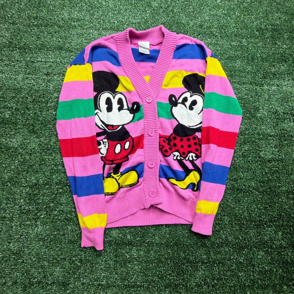 Disney 100 Mickey Minnie Mouse Striped Cardigan Sweater Pink Multi Size M